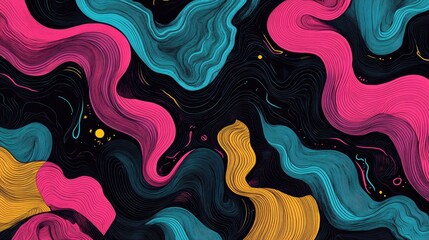 Line art illustration featuring patterns and designs created with wavy lines in pink blue and yellow set against a black background