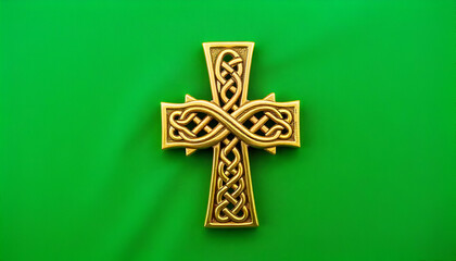 Wall Mural - A golden Celtic cross with intricate knot patterns against a vibrant green background