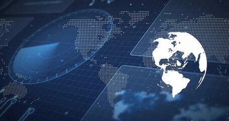 Poster - World map and global connections animation over blue digital grid background