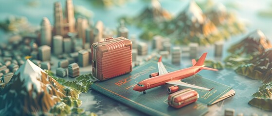 luggage or baggage and planes placed on passport, 3d surreal