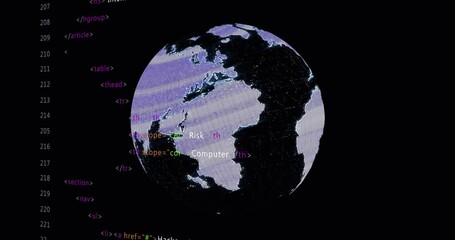 Poster - Rotating globe with continents over HTML code animation