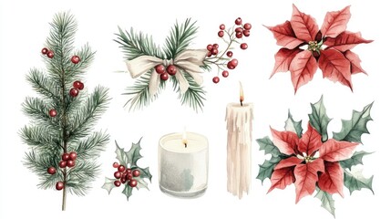 Wall Mural - Watercolor illustration set featuring a Christmas fir tree branch candle and winter florals with hand drawn bow decoration and a charming holiday bouquet including Poinsettia flowers and berries