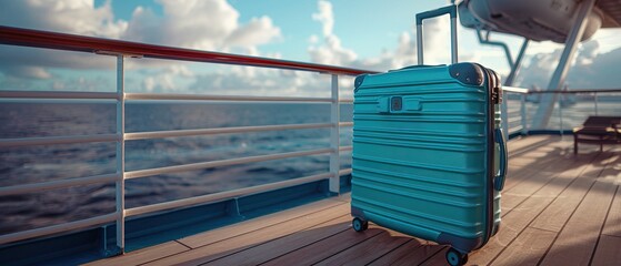 Blue plastic travel suitcase on the deck of luxury cruise ship in the ocean 