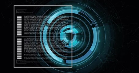Poster - Rotating digital interface with coding and data processing animation over dark background