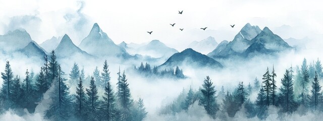 Wall Mural - Watercolor landscape illustration featuring mountains trees clouds fog and birds