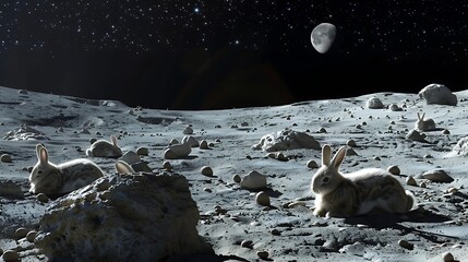 Wall Mural - On the lunar surface a group of rock adorned with furry rabbits