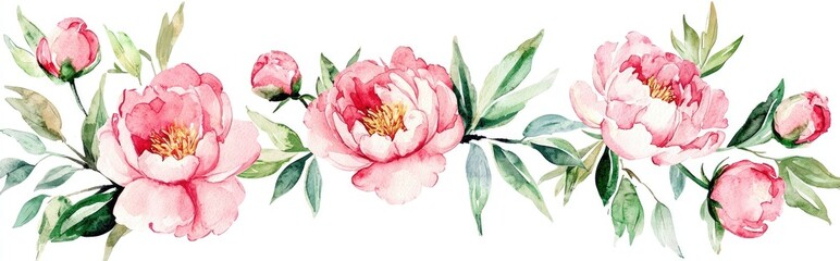 Poster - Watercolor pink peony blooms within a circular floral border