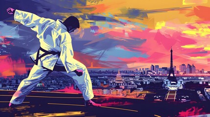 Wall Mural - A judo competitor competing, with Paris landmarks in the background, depicted in refined vector design.