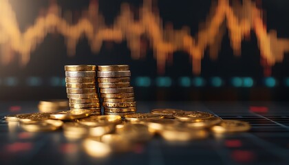 Close-up of stacked coins with a financial graph background, symbolizing growth, investment potential, and economic trends.