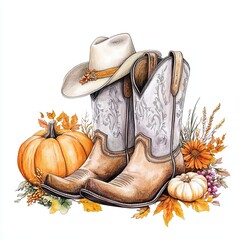 Rustic cowboy boots with pumpkins and autumn leaves, Charming autumn-themed illustration featuring cowboy boots surrounded by pumpkins, leaves, and seasonal flowers, capturing a rustic fall aesthetic
