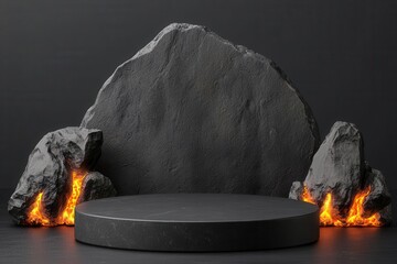 3d Mock up Charcoal black podium with volcanic rocks and lava flow Pedestal stage for extreme sports product presentation Intense scene for advertising Sale promotion background