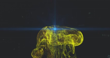 Poster - Yellow neural network animation over dark background with blue light