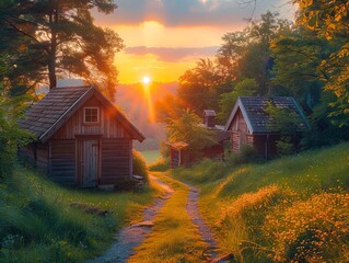 Wall Mural - A small wooden cabin in the middle of a grassy field at sunset