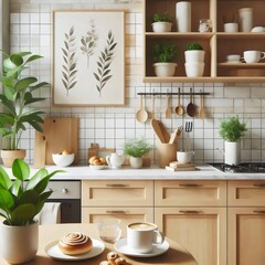 kitchen interior with a cup of coffee on the table. modern  kitchen  with furniture and utensils. 3D rendering.