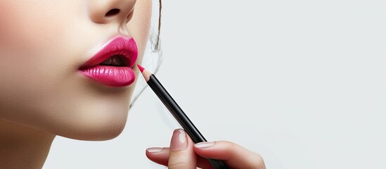 A woman seen in profile applying pink lip pencil illustrating makeup concept Banner with copy space image available