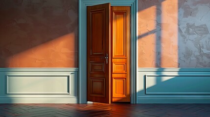 Poster - An open door in an empty room with a wooden floor