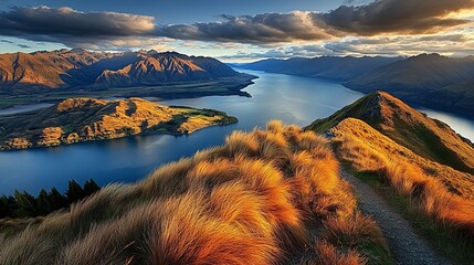 Wall Mural - An amazing landscape of Wanaka, New Zealand, viewed from a nearby mountain.