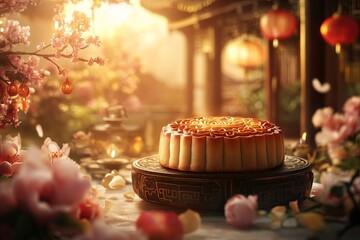 A freshly baked mooncake, adorned with a traditional Chinese pattern