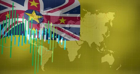 Poster - Financial data charts and graphs animation over world map and flag background