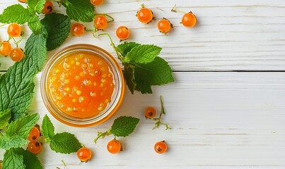 Poster - A Jar of Homemade Cloudberry Jam Surrounded by Fresh Cloudberries and Green Mint Leaves