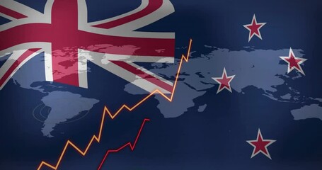 Poster - Rising financial graph animation over New Zealand flag and world map