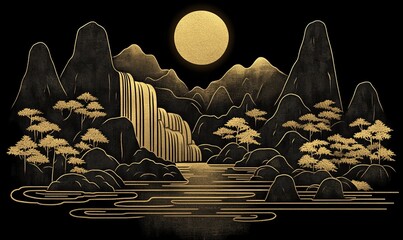 A striking black and gold illustration of majestic mountains and a glistening waterfall