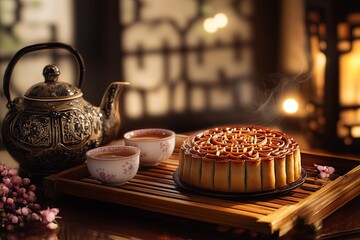 Poster - A traditional mooncake presented alongside a complete Chinese tea ceremony set