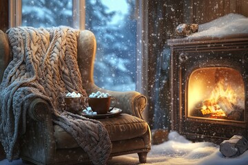 Poster - A warm, inviting winter scene featuring a plush armchair with a knitted throw