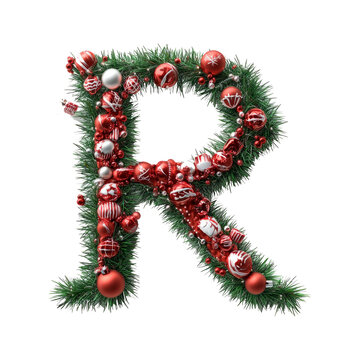 Christmas Alphabet letter R made of tree decorations
