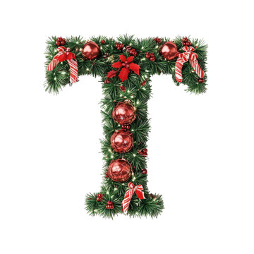 Christmas Alphabet letter T made of tree decorations