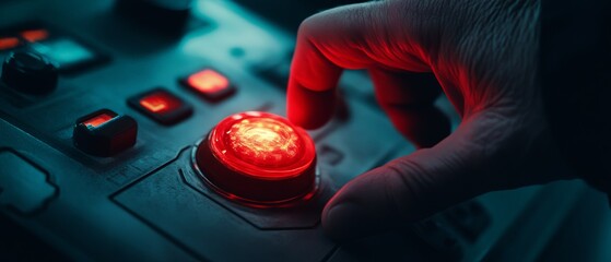 Close-Up of a Pressing Red Button with an Ominous Glow