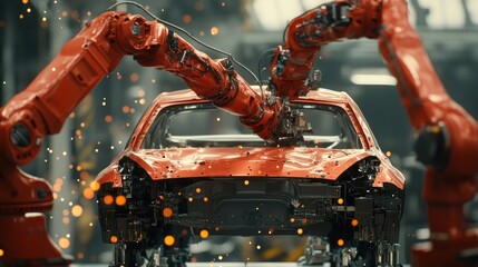 Poster - Red Car Being Built on Assembly Line