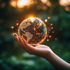 Sticker - A hand holding a glowing globe with a network of lines connecting continents, symbolizing global connection and sustainability.