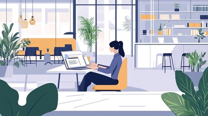 Poster - A remote worker using a tablet to purchase insurance while working in a co-working space.