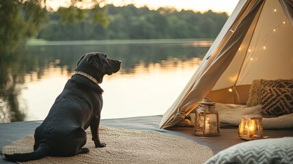 Wall Mural - Lakeside Glamping with a Labrador