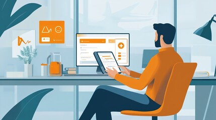 Poster - A remote worker using an insurance app to access health and travel coverage options.