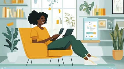 Poster - A remote worker using an insurance app to access health and travel coverage options.