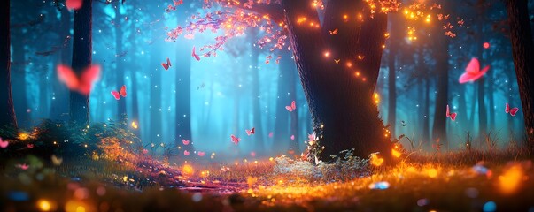 Sticker - Enchanted Forest with Butterflies and Fairy Lights.