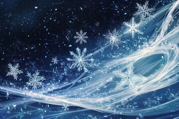 Poster - Intricate snowflakes float among soft, swirling lines, capturing the essence of a tranquil winter scene under a starry night sky. Generative AI