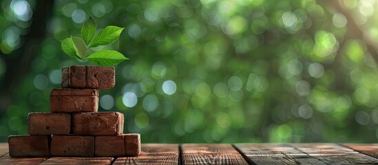 Motivational quote displayed on brick blocks against a lovely green backdrop on a wooden table with copy space image