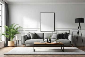 Poster - Interior of modern living room with white walls, wooden floor, gray sofa standing near coffee table and vertical mock up poster frame.