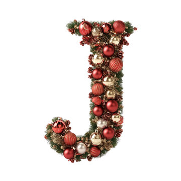 Christmas Alphabet letter J made of tree decorations