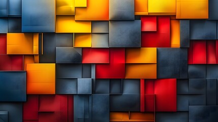 Fototapete - Abstract Geometric Design with Vibrant Colors. An abstract geometric design featuring a colorful pattern of red, yellow, and blue squares and cubes creating a vibrant and dynamic composition.