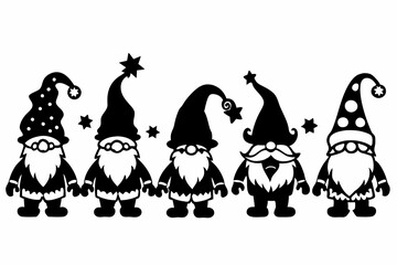 Gnome Christmas silhouette vector illustration, Dancing dwarfs stencils. Gnome with a gift, with a star and a gnome with a magic wand. Winter decorations.