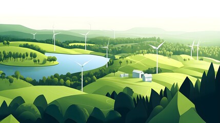 A green landscape with wind turbines and buildings, surrounded by forests and water bodies