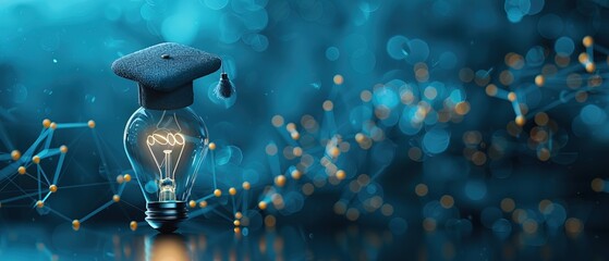 Futuristic smart education with bachelor cap and light bulb on blue background 