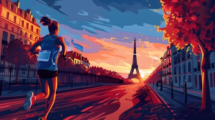 Wall Mural - A marathoner running through the streets of Paris, with Parisian landmarks in the distance, illustrated in vibrant vector style.