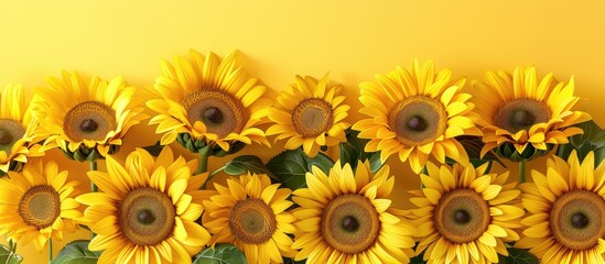 Sunflowers vibrant and large are recognized for their yellow petals and round centers ideal for a copy space image