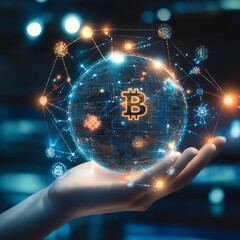 Wall Mural - A hand holding a glowing orb with the Bitcoin symbol embedded, surrounded by a network of connections.