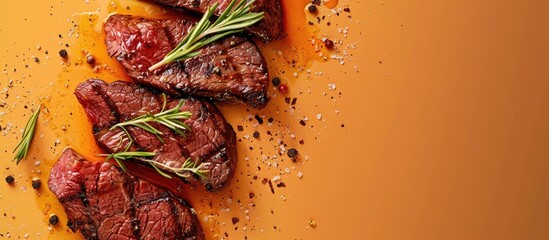 Wall Mural - Flank beef steak for grilling on orange background top view with copy space image